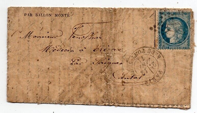 1871 FRANCE BALLON MONTE COVER NEWSPAPER TO CANTAL JANUARY 12 FLIGHT RARITY