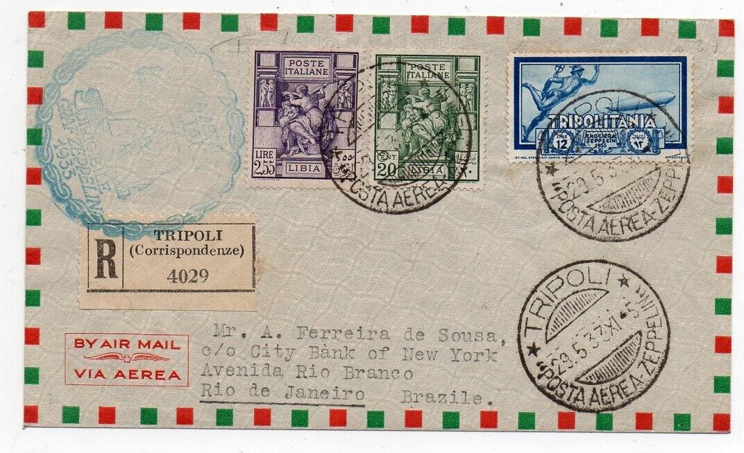 1933 TRIPOLITANIA LIBYA VIA ITALY TO BRAZIL ZEPPELIN COVER SCARCE STAMPS  PMKS