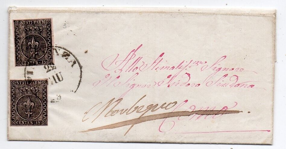 1852 ITALY PARMA REDIRECTED COVER SA3 15c STAMPS 120000 SCARCE CANCELS