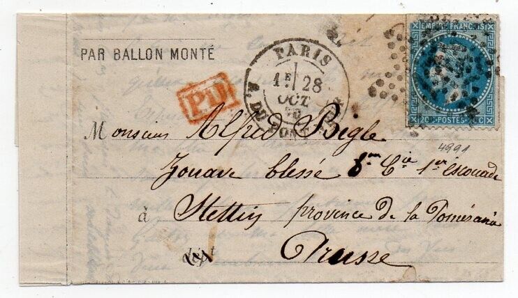 1870 FRANCE TO GERMANY BALLON MONTE COVER OCTOBER 28 FLIGHT VERY SCARCE WOW