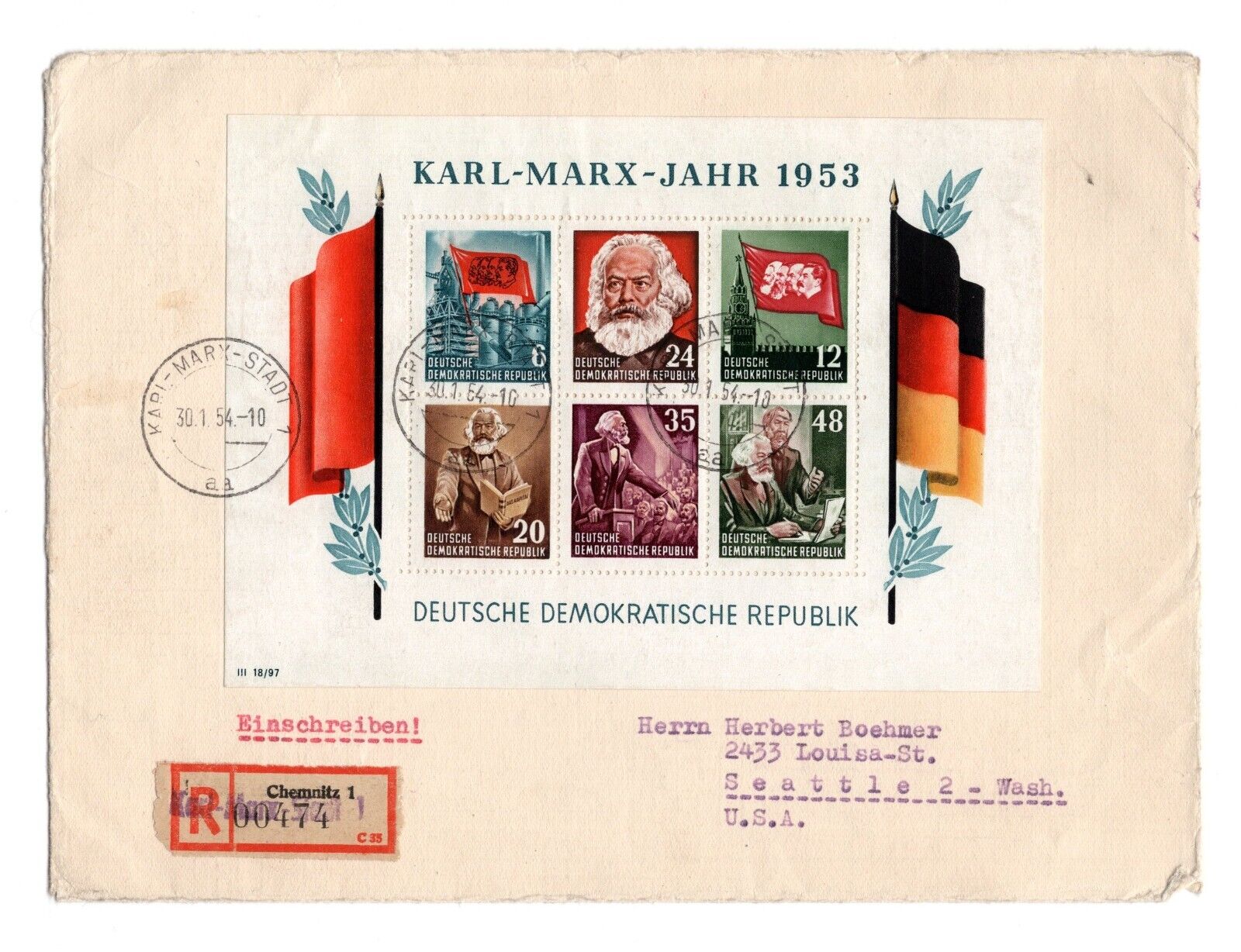 Germany DDR 1954 Karl Marx Souvenir Sheet  Registered Cover to USA   1