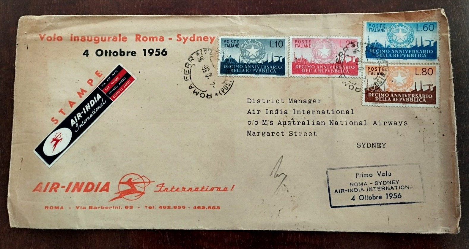Italy to Australia 1956 Airmail Cover Inaugural Flight RomaSydney by AIR INDIA