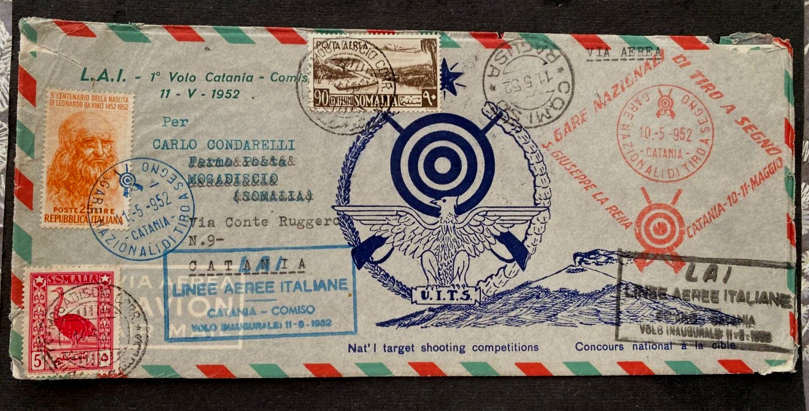 Italy 1952 Rare Airmail to Mogadiscio SOMALIA  LAI First Flight CataniaComiso