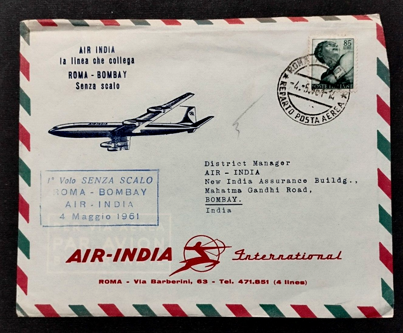 Italy to India 1961 Airmail Cover First  Flight RomaBombay by AIR INDIA