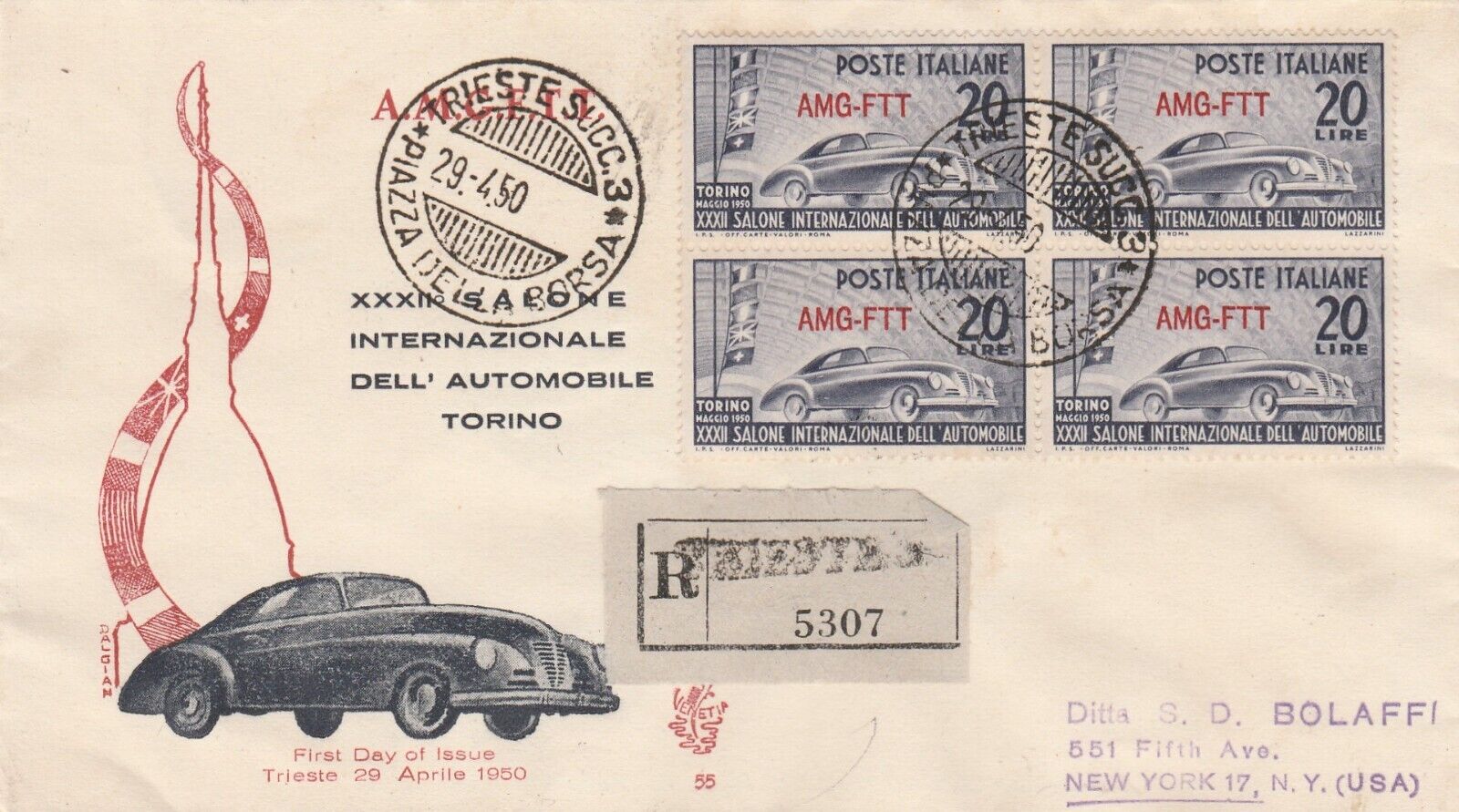 Trieste AMGFTT Italy 1950 FDC Mailed Registered to USA