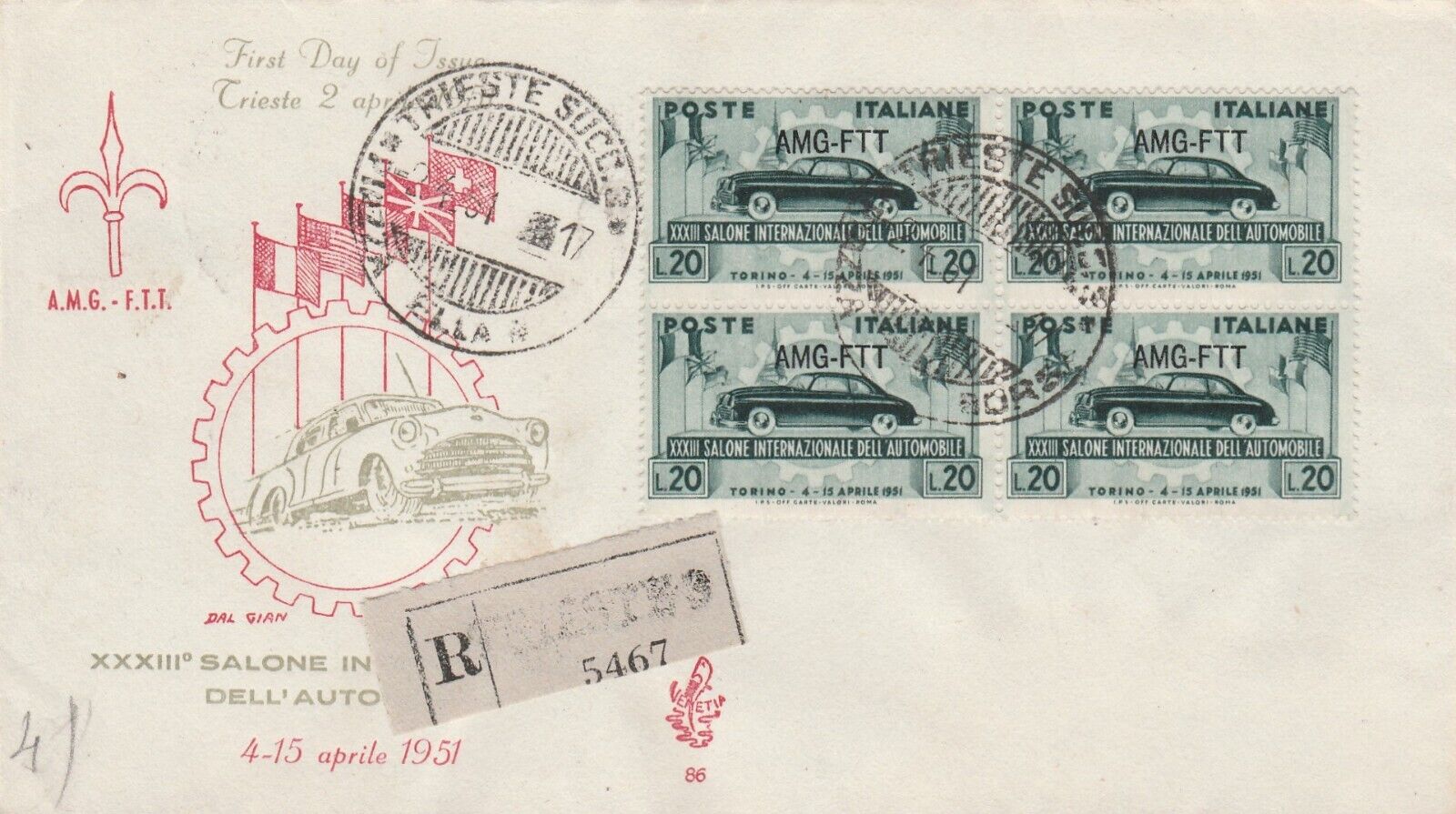 Trieste AMGFTT Italy 1951 FDC Mailed Registered to USA