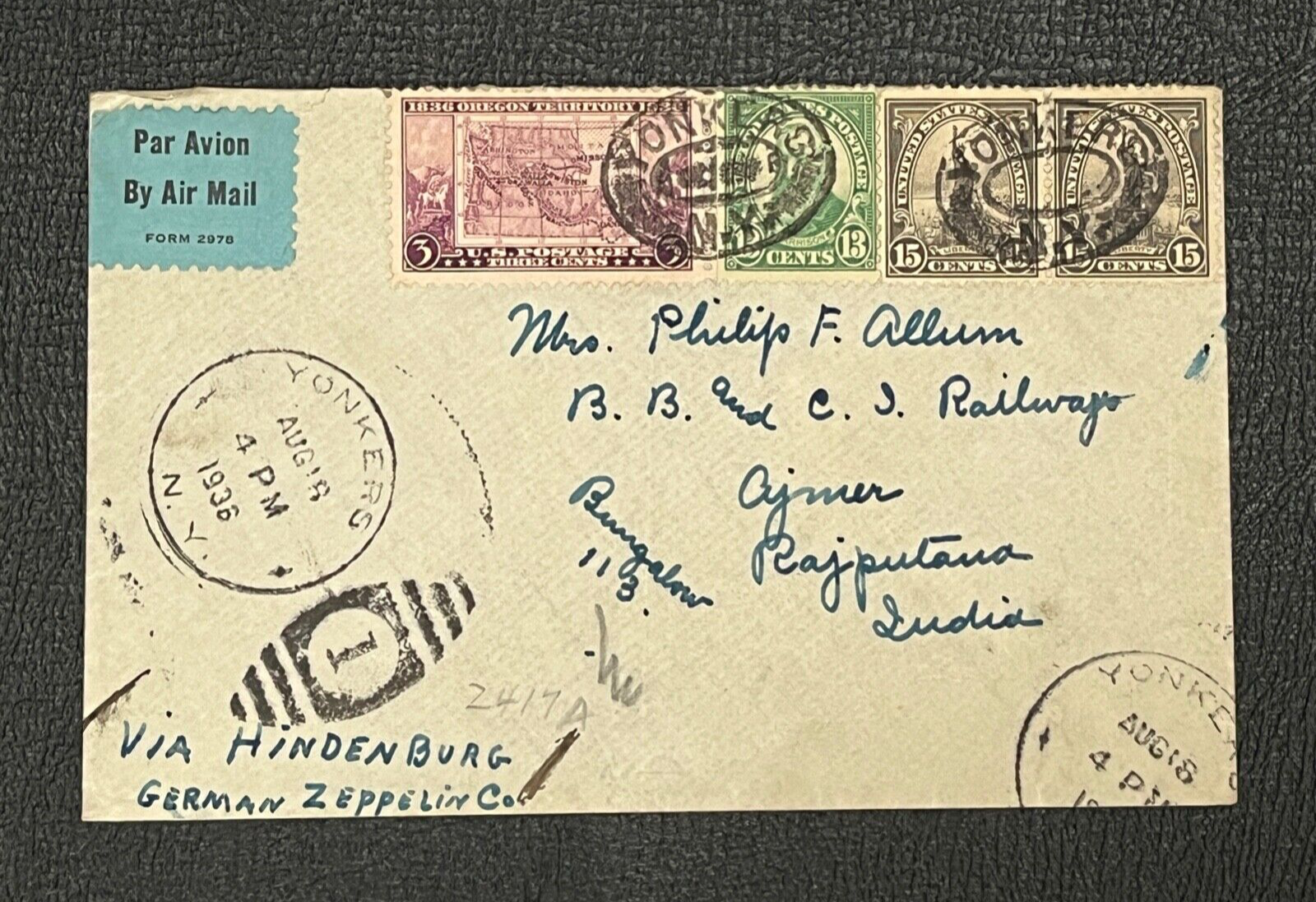 1936 US HINDENBURG ZEPPELIN FLIGHT to GERMANY  THEN TO AJMER INDIA  AIR COVER