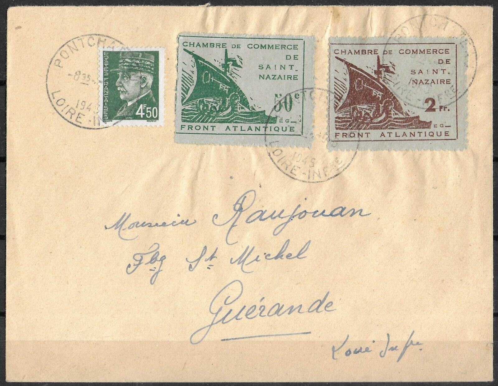 SAINT NAZAIRE FRANCE 1945 Cover with Set of 3 Stamps Yvert 12 CV 780 VF