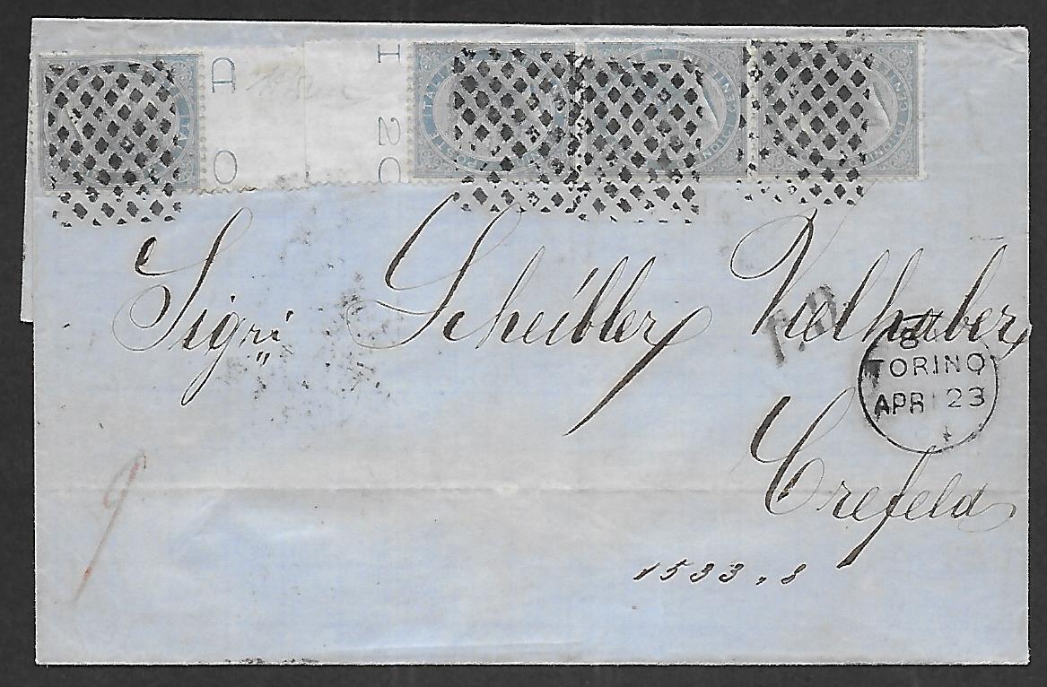 Italy 1864 folded cover Torino to Crefeld  postmarks at the back