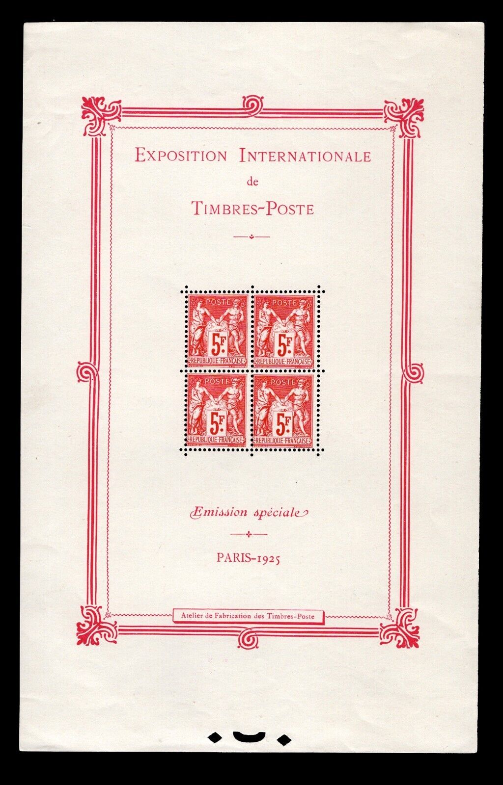 France 1925 5Fr Bloc Sheet N1  Exhibition Philatelic Paris mounted