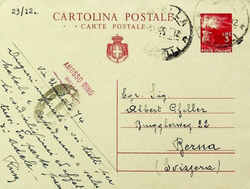 SEPHIL ITALY 1945 WWII 3L POSTAL CARD FROM BIELLA TO BERN SWITZERLAND