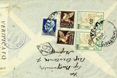 SEPHIL ITALY GREECE 3v OVPTSURCHARGED PAIR ON CENSORED AIRMAIL COVER TO ATHENS